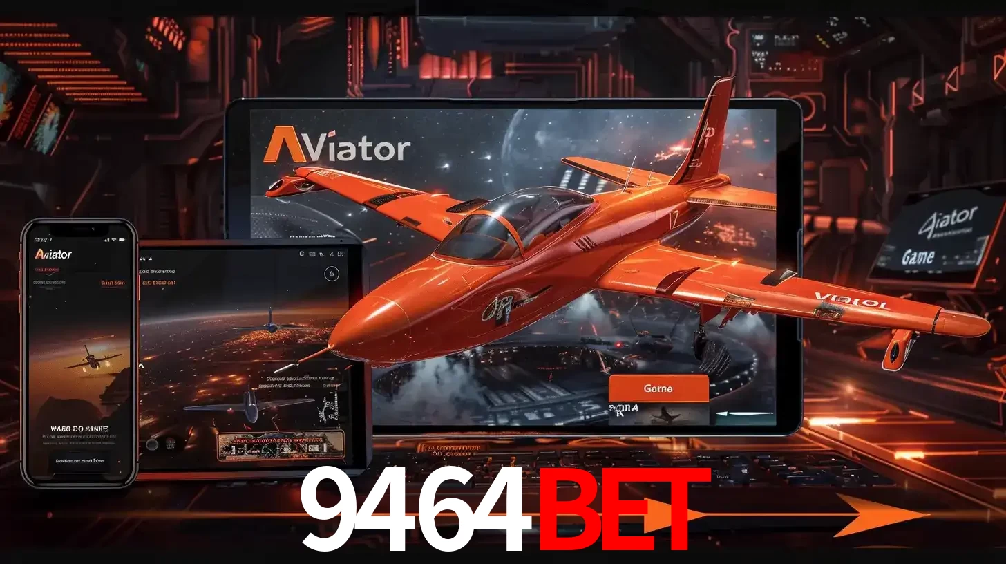 Apresentação tecnológica do jogo Aviator com um avião saindo da tela de um tablet, demonstrando a experiência imersiva em múltiplos dispositivos no 9464BET.