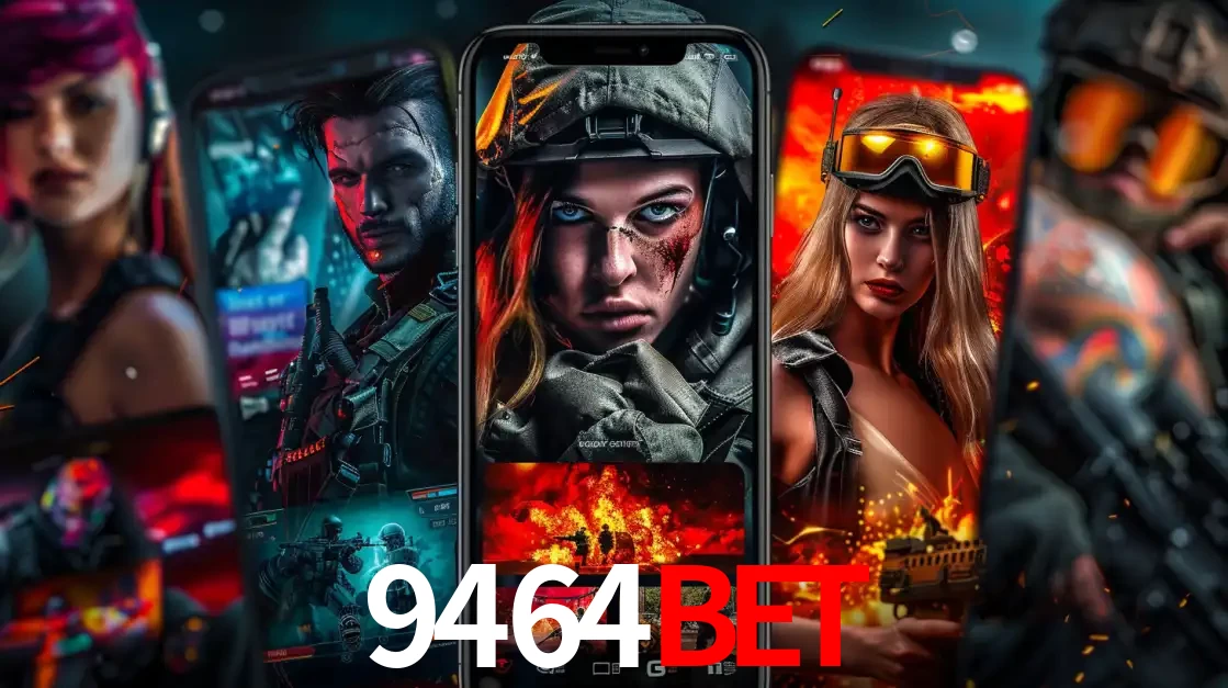 Montagem de telas de celular mostrando diversos personagens, masculinos e femininos, de um jogo de tiro, ilustrando a diversidade de equipes de e-sports para apostar no 9464BET.