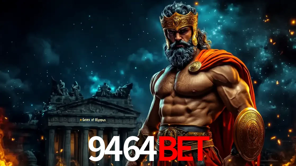 O poderoso Zeus do jogo de slot Gates of Olympus em frente ao seu templo, pronto para lançar multiplicadores divinos e prêmios épicos no cassino online 9464BET.