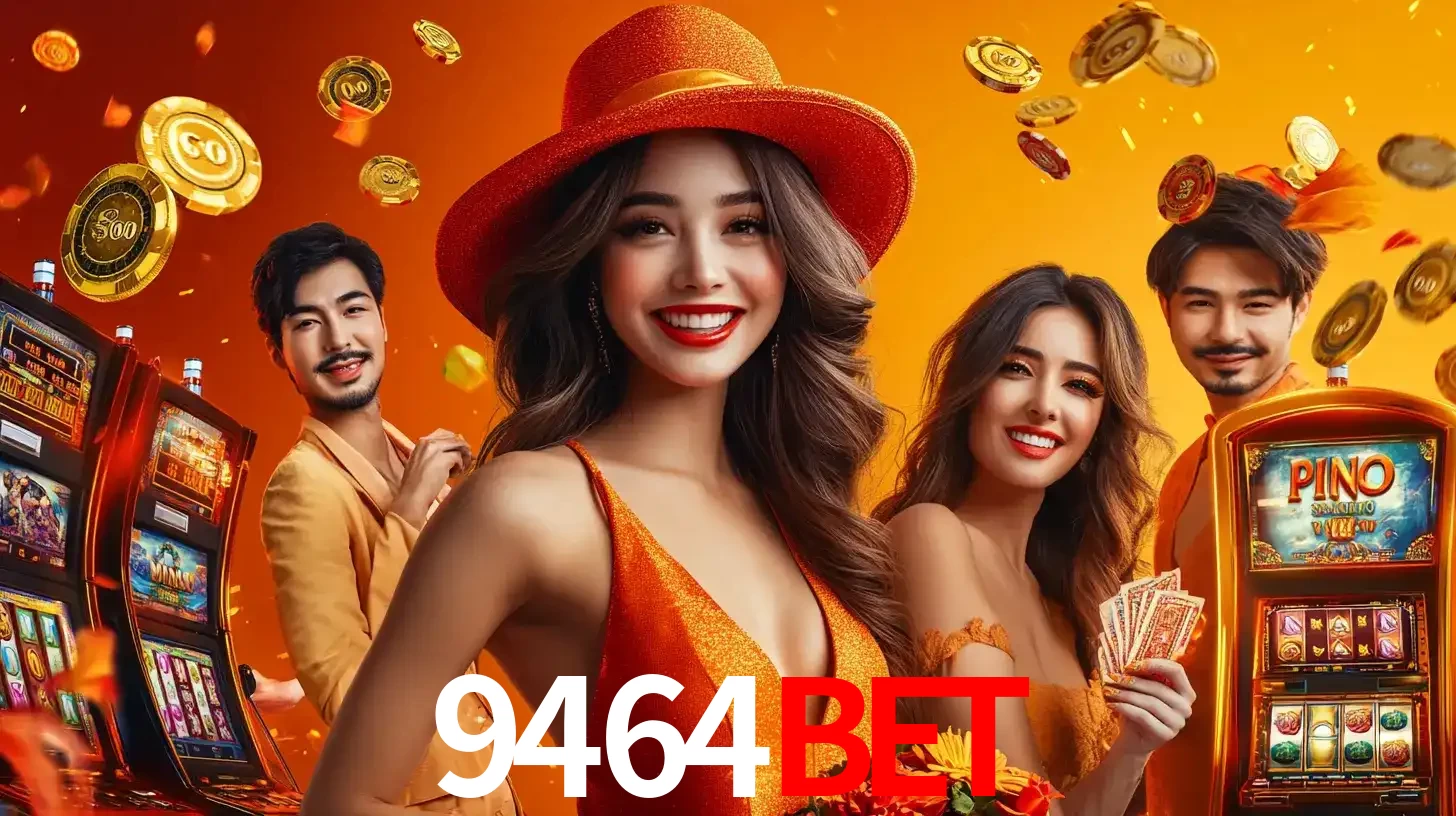 Grupo de amigos asiáticos sorrindo e se divertindo com máquinas de caça-níqueis em um ambiente festivo, celebrando suas vitórias nos jogos de cassino do 9464BET.