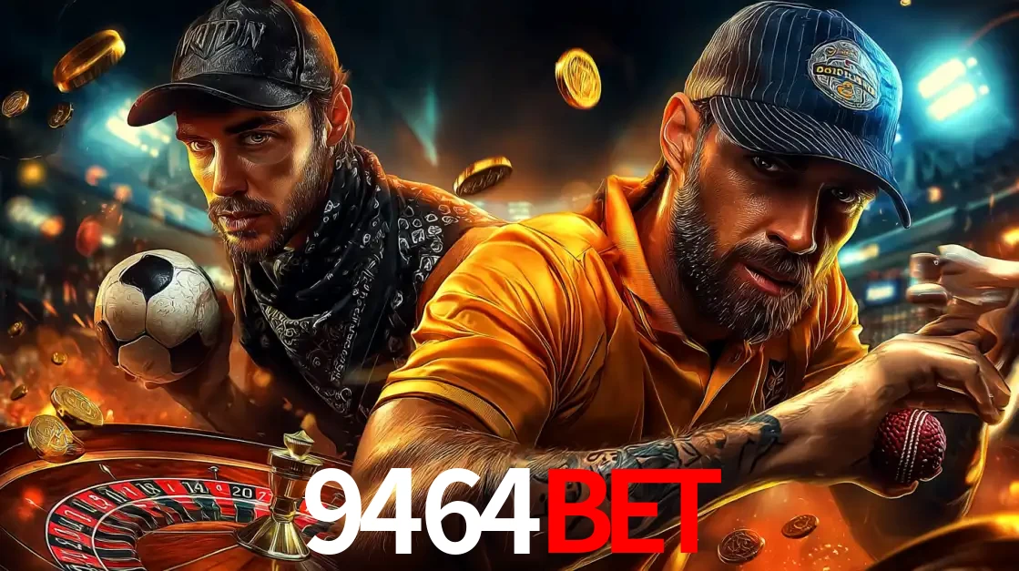 Montagem de apostas esportivas e cassino no 9464BET, com um homem segurando uma bola de futebol e outro uma de beisebol sobre uma roleta e moedas voadoras.