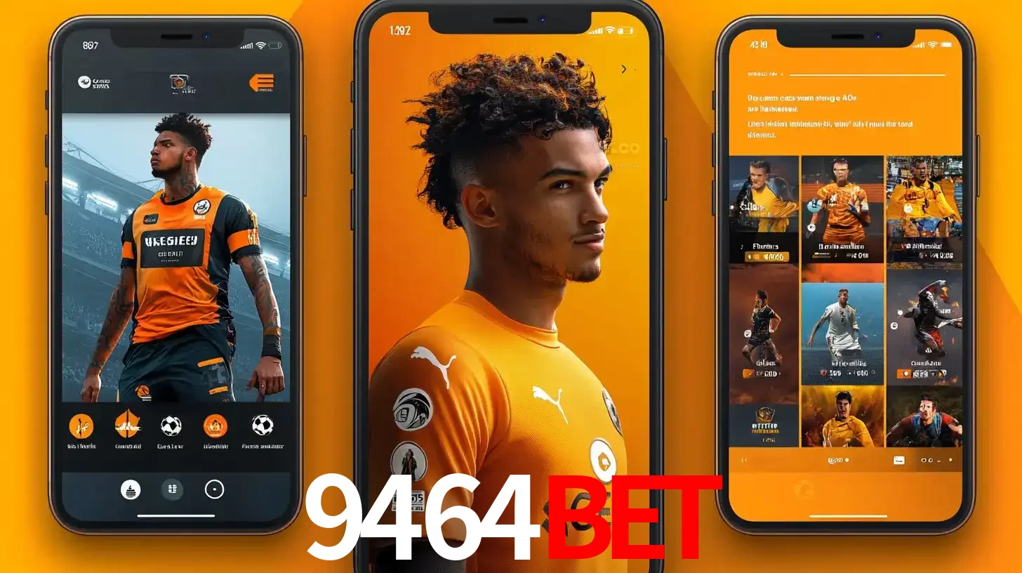 Interface do aplicativo de apostas esportivas 9464BET em três telas de celular, mostrando o perfil de um jogador de futebol e a lista de jogos disponíveis para apostar.
