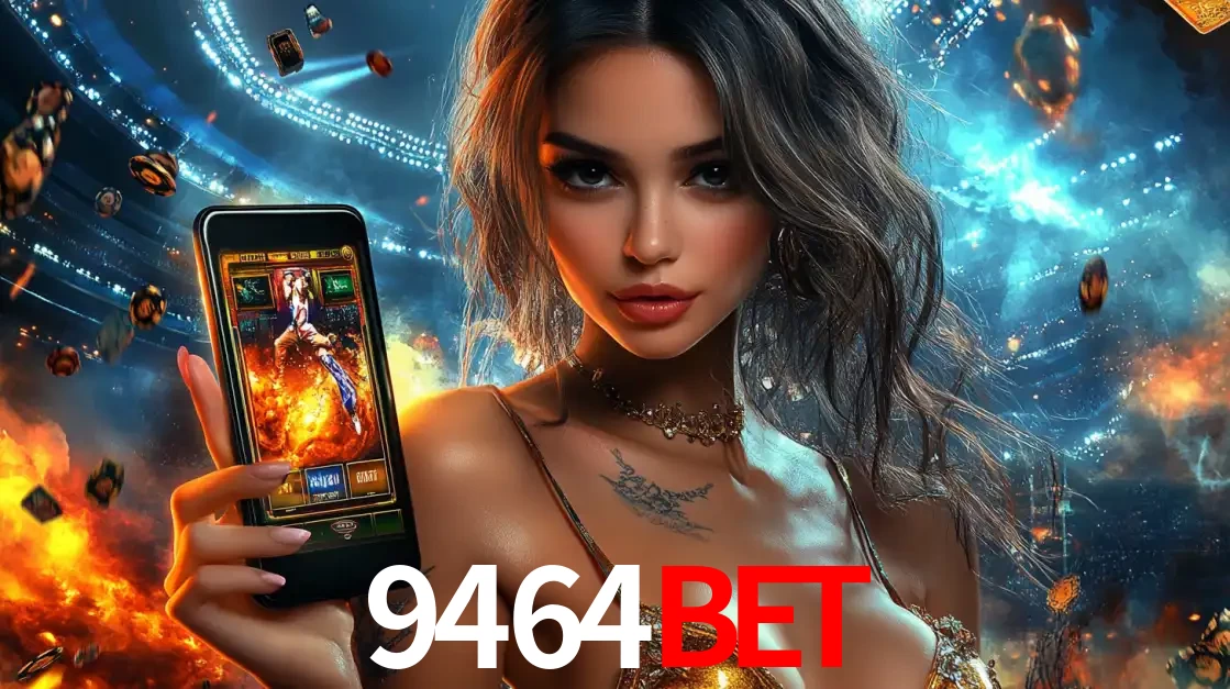 Mulher segurando um celular com um jogo de slot em destaque, tendo como fundo um estádio vibrante, simbolizando a emoção de jogar no cassino móvel 9464BET.