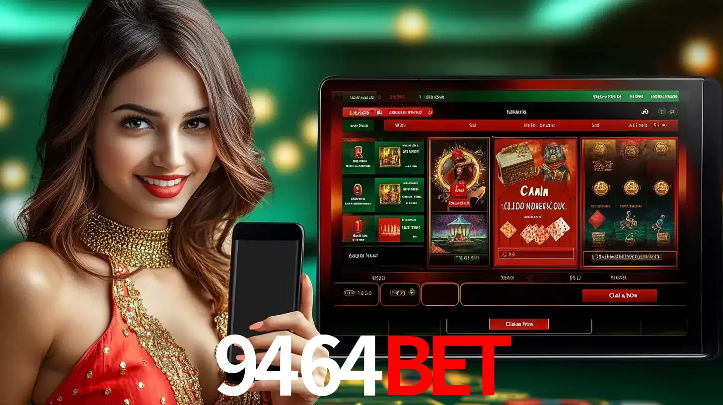 Mulher sorridente segurando um smartphone, ao lado de uma tela exibindo o lobby de jogos do cassino online 9464BET, com várias opções de jogos de cartas e slots.
